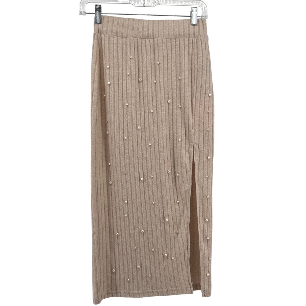 SHEIN Skirt Womens 4 SHEIN BAE Pearl Trim High Split Rib-knit Tan NEW‎